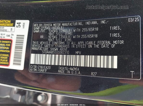 5TDAAAB55SS082310 2025 TOYOTA GRAND HIGHLANDER Black Engine compartment view