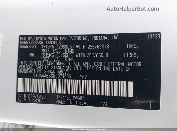 5TDAAAB56RS021736 2024 TOYOTA GRAND HIGHLANDER White Widok komory silnika