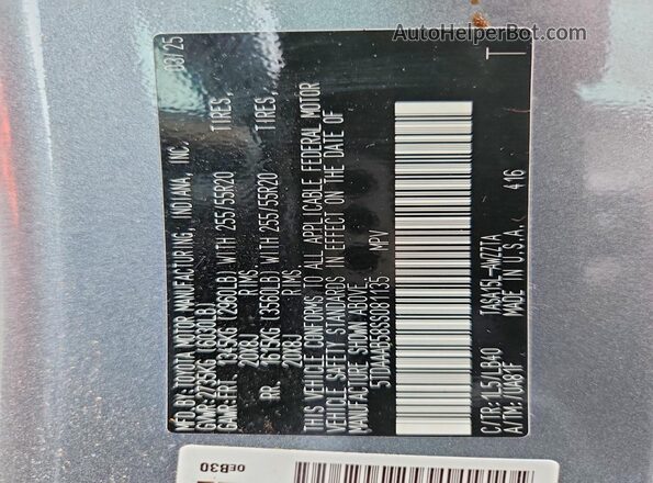 5TDAAAB58SS081135 2025 TOYOTA GRAND Gray Vista de la etiqueta del VIN