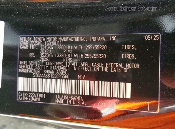 5TDAAAB61SS035560 2025 LEXUS TX Black VIN կոդի պիտակի տեսք