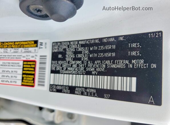 5TDAARAH5NS510312 2022 TOYOTA HIGHLANDER White VIN კოდის სტიკერის ხედი