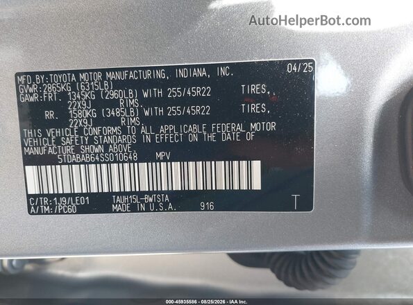 5TDABAB64SS010648 2025 LEXUS TX 500H Silver Vista del compartimento del motor