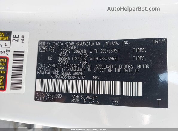 5TDACAB51SS046737 2025 TOYOTA GRAND HIGHLANDER White Շարժիչի բաժամունքի տեսք