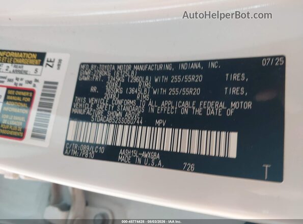 5TDACAB52SS060744 2025 TOYOTA GRAND HIGHLANDER White Vista del compartimento del motor