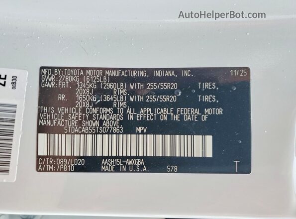 5TDACAB55TS077863 2026 TOYOTA GRAND White VIN კოდის სტიკერის ხედი