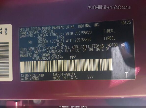 5TDADAB50TS028776 2026 TOYOTA GRAND HIGHLANDER HYBRID Red Widok komory silnika