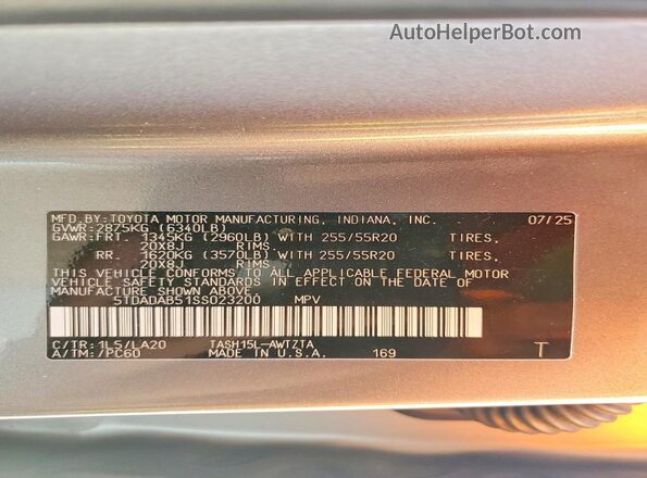 5TDADAB51SS023200 2025 TOYOTA GRAND Серый Вид наклейки с VIN-кодом