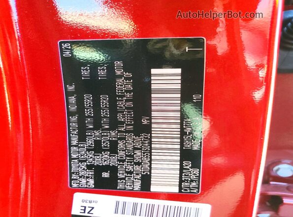 5TDADAB55TS044732 2026 TOYOTA GRAND Red VIN կոդի պիտակի տեսք