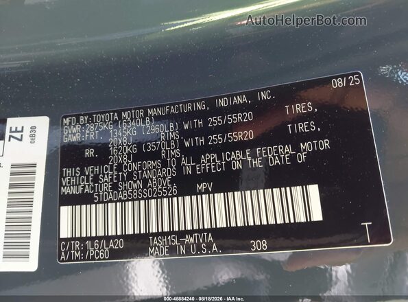 5TDADAB58SS025526 2025 TOYOTA GRAND HIGHLANDER Gray Շարժիչի բաժամունքի տեսք