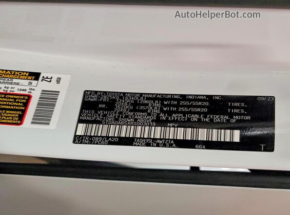 5TDADAB5XRS003019 2024 TOYOTA GRAND White Вид наклейки з VIN-кодом