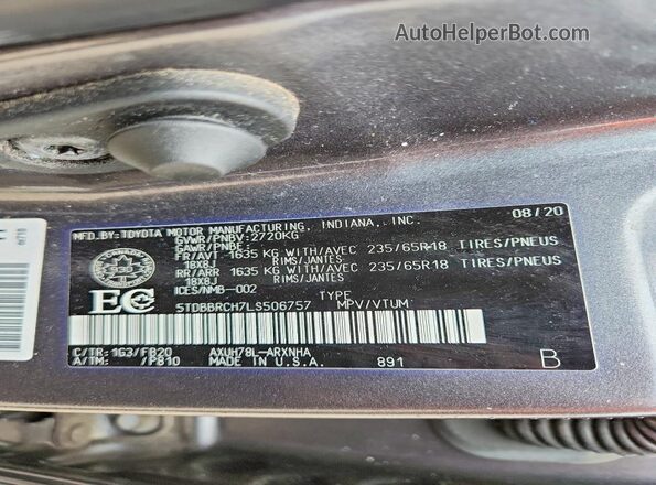 5TDBBRCH7LS506757 2020 TOYOTA HIGHLANDER Gray Vista interior de 360 grados