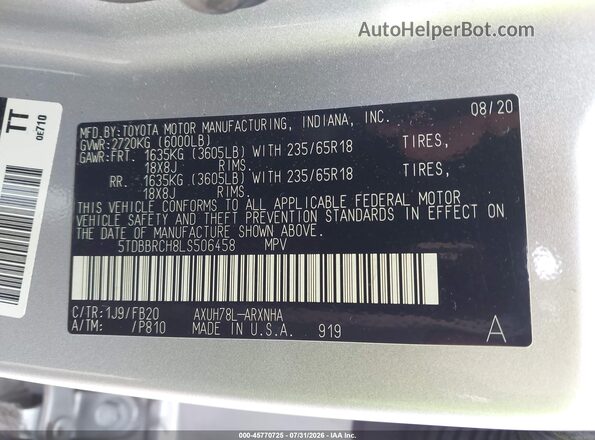 5TDBBRCH8LS506458 2020 TOYOTA HIGHLANDER Silver ძრავის განყოფილების ხედი