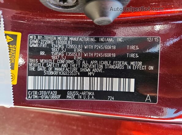 5TDBKRFH3GS235374 2016 TOYOTA HIGHLANDER Темно-бордовый Панорамный вид салона 360°