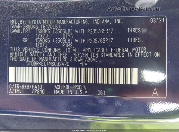 5TDBRKEC4MS032420 2021 TOYOTA SIENNA Blue Widok komory silnika