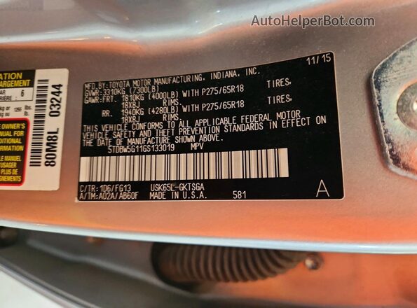 5TDBW5G11GS133019 2016 TOYOTA SEQUOIA Silver VIN sticker view