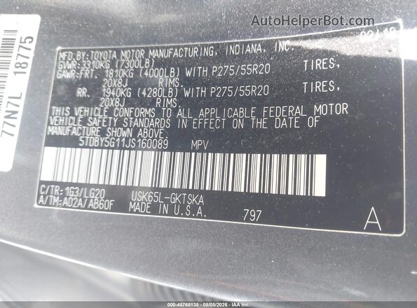 5TDBY5G11JS160089 2018 TOYOTA SEQUOIA Серый Вид подкапотного пространства