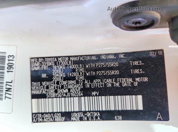 5TDBY5G14JS160264 2018 TOYOTA SEQUOIA White VIN sticker view