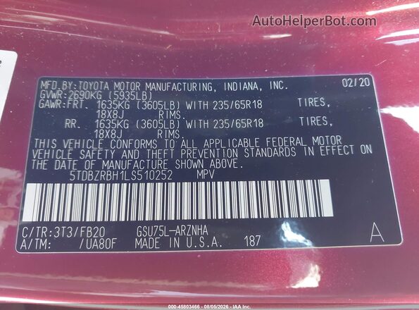 5TDBZRBH1LS510252 2020 TOYOTA HIGHLANDER Red Widok komory silnika