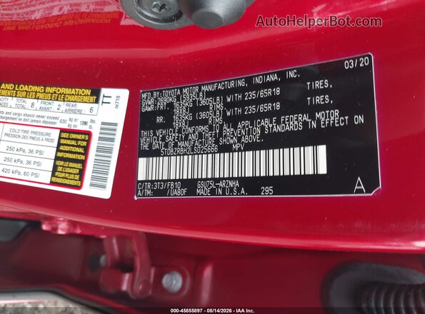 5TDBZRBH2LS025666 2020 TOYOTA HIGHLANDER Red Widok komory silnika
