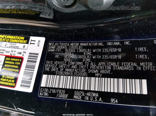 5TDBZRBH3LS520085 2020 TOYOTA HIGHLANDER Black Շարժիչի բաժամունքի տեսք