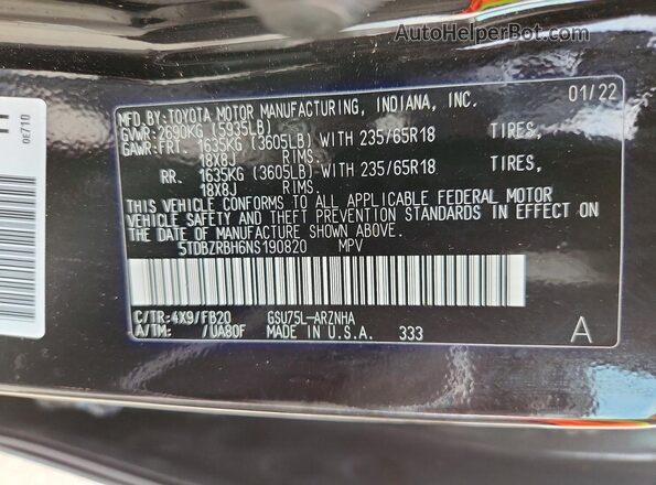 5TDBZRBH6NS190820 2022 TOYOTA HIGHLANDER Black VIN sticker view