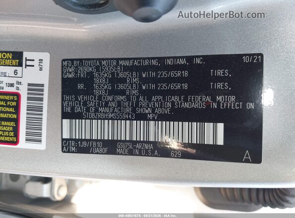 5TDBZRBH9MS559443 2021 TOYOTA HIGHLANDER Silver Widok komory silnika