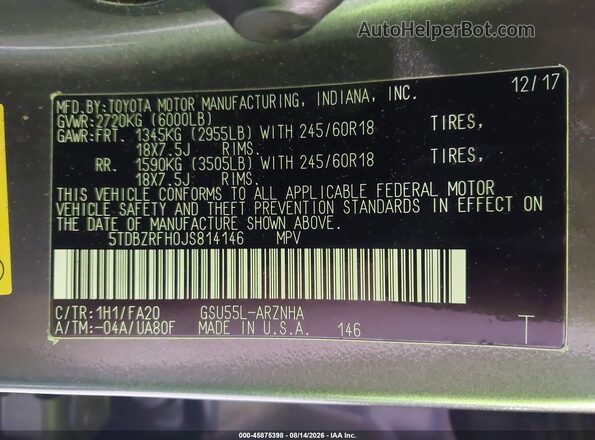 5TDBZRFH0JS814146 2018 TOYOTA HIGHLANDER Gray Widok komory silnika