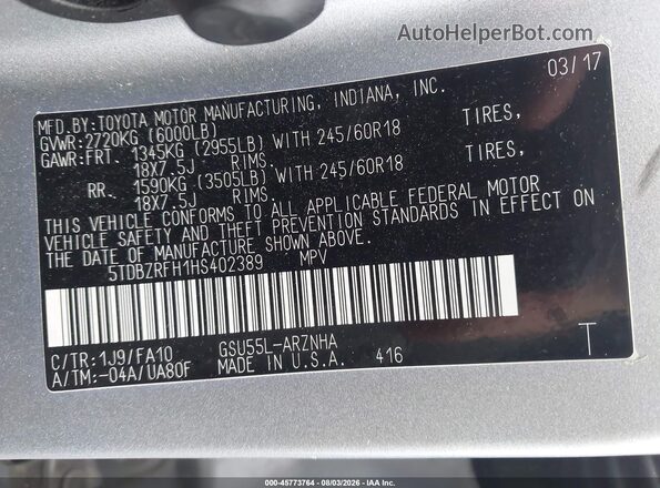 5TDBZRFH1HS402389 2017 TOYOTA HIGHLANDER Silver Engine compartment view