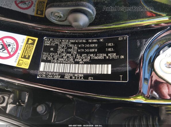 5TDBZRFH1HS405325 2017 TOYOTA HIGHLANDER Black Շարժիչի բաժամունքի տեսք