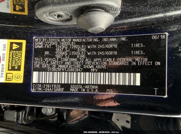 5TDBZRFH1JS883847 2018 TOYOTA HIGHLANDER Black ძრავის განყოფილების ხედი