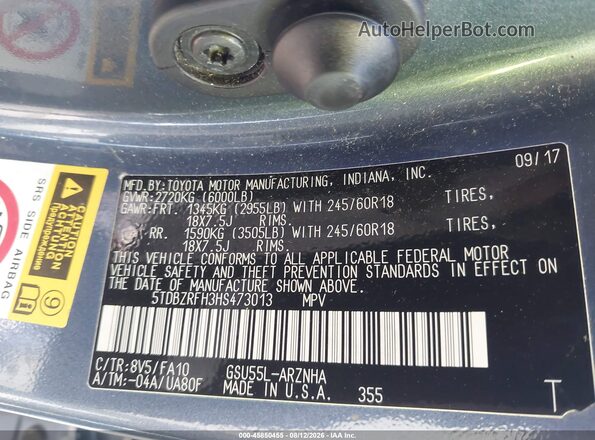 5TDBZRFH3HS473013 2017 TOYOTA HIGHLANDER Blue Вид підкапотного простору