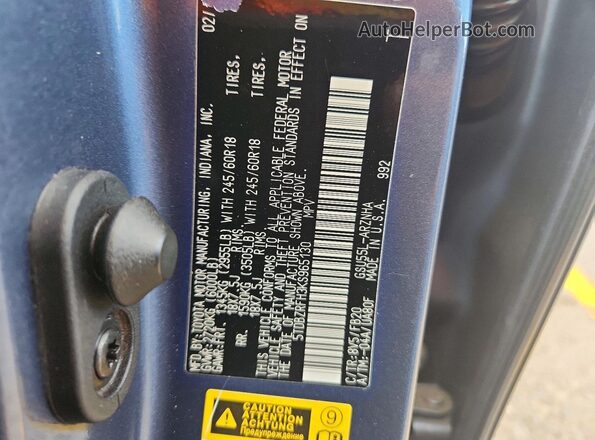 5TDBZRFH3KS965130 2019 TOYOTA HIGHLANDER Blue Vista de la etiqueta del VIN