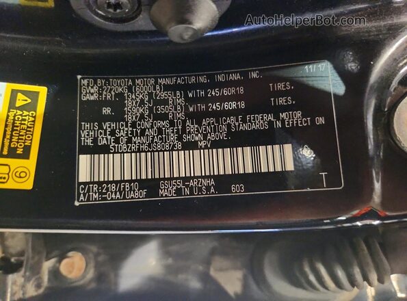 5TDBZRFH6JS808738 2018 TOYOTA HIGHLANDER Черный Вид наклейки с VIN-кодом
