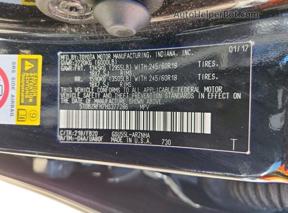 5TDBZRFH7HS377286 2017 TOYOTA HIGHLANDER Черный Вид наклейки с VIN-кодом