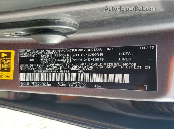 5TDBZRFH7HS416118 2017 TOYOTA HIGHLANDER Gray Vista de la etiqueta del VIN