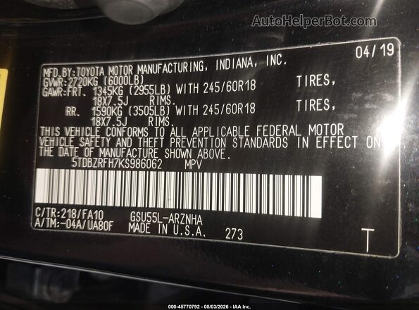 5TDBZRFH7KS986062 2019 TOYOTA HIGHLANDER Black Вид підкапотного простору