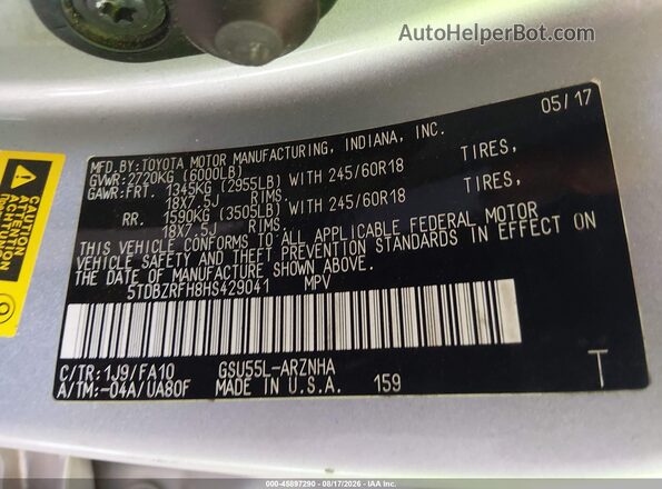 5TDBZRFH8HS429041 2017 TOYOTA HIGHLANDER Серебряный Вид подкапотного пространства
