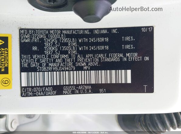 5TDBZRFH9JS494079 2018 TOYOTA HIGHLANDER White Engine compartment view