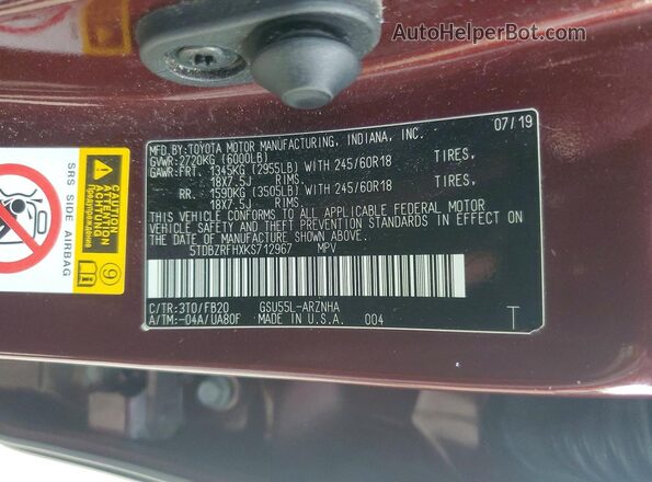 5TDBZRFHXKS712967 2019 TOYOTA HIGHLANDER Burgundy Vista de la etiqueta del VIN