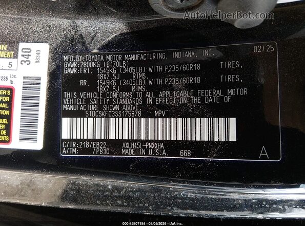 5TDCSKFC3SS175878 2025 TOYOTA SIENNA Black Շարժիչի բաժամունքի տեսք