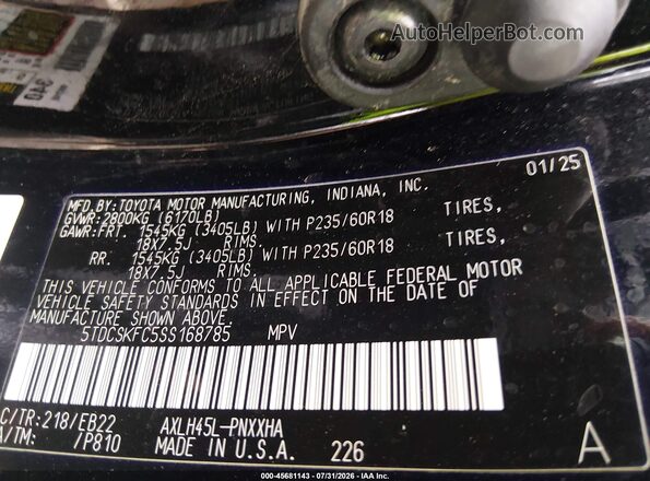 5TDCSKFC5SS168785 2025 TOYOTA SIENNA Black Vista del compartimento del motor