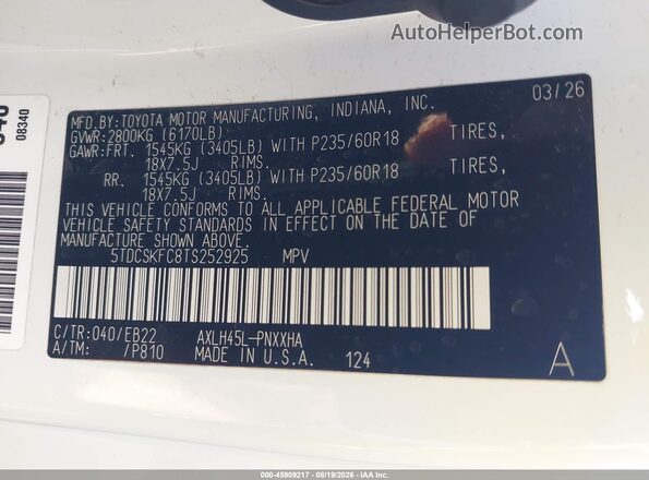 5TDCSKFC8TS252925 2026 TOYOTA SIENNA Белый Вид подкапотного пространства