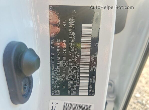 5TDCZRAH2NS125629 2022 TOYOTA HIGHLANDER White VIN կոդի պիտակի տեսք