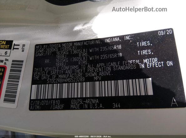 5TDCZRBH4MS523289 2021 TOYOTA HIGHLANDER Белый Вид подкапотного пространства