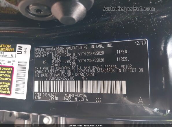 5TDDBRCH2MS523105 2021 TOYOTA HIGHLANDER Black ძრავის განყოფილების ხედი