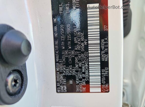 5TDDBRCH9MS527202 2021 TOYOTA HIGHLANDER White Vista de la etiqueta del VIN