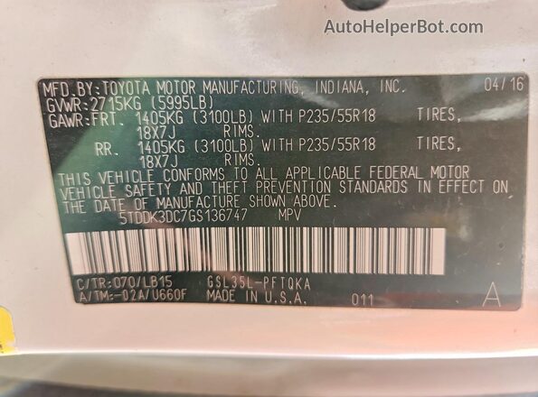 5TDDK3DC7GS136747 2016 TOYOTA SIENNA Белый Панорамный вид салона 360°