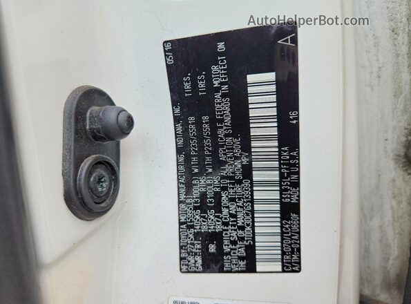 5TDDK3DC7GS139390 2016 TOYOTA SIENNA White VIN sticker view