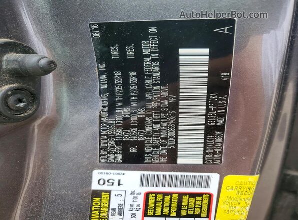 5TDDK3DC8GS142816 2016 TOYOTA SIENNA Gray Widok naklejki z numerem VIN