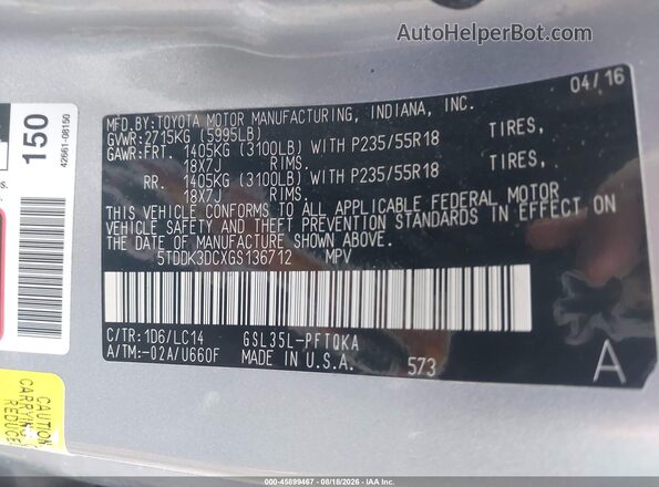 5TDDK3DCXGS136712 2016 TOYOTA SIENNA Silver Շարժիչի բաժամունքի տեսք